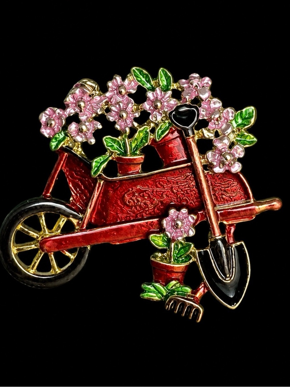 Floral Wheelbarrow Enamel Brooch - Pink & Green